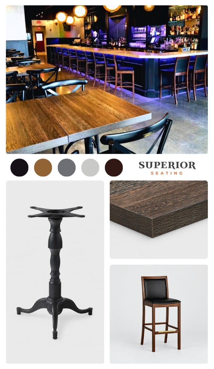 Five 13 Liquor Lounge furniture moodboard featuring walnut wood, Zebrano grain, black steel, gray concrete, dark upholstery, warm pendant lighting, blue LED accents, cocktail glassware, and modern lounge furniture.