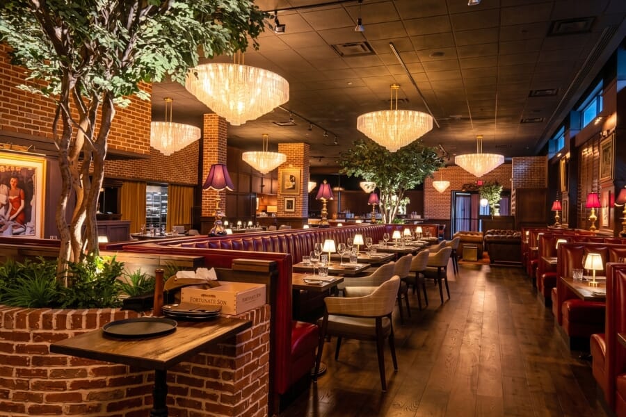 The Belmont bar and dining area featuring dark wood, black pedestal tables, upholstered restaurant seating, brick walls, and crystal chandeliers.