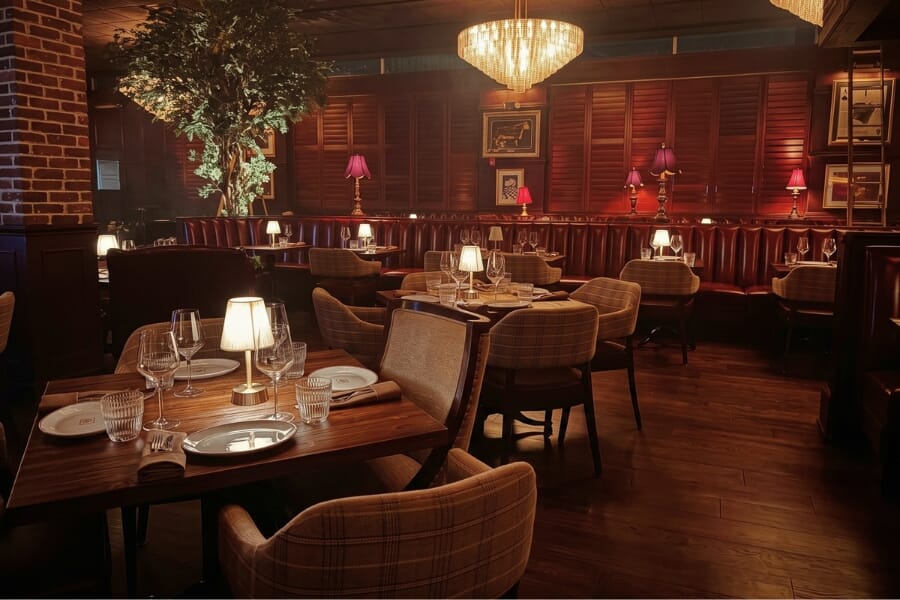 The Belmont bar and dining area featuring dark wood, black pedestal tables, upholstered restaurant seating, brick walls, and crystal chandeliers.