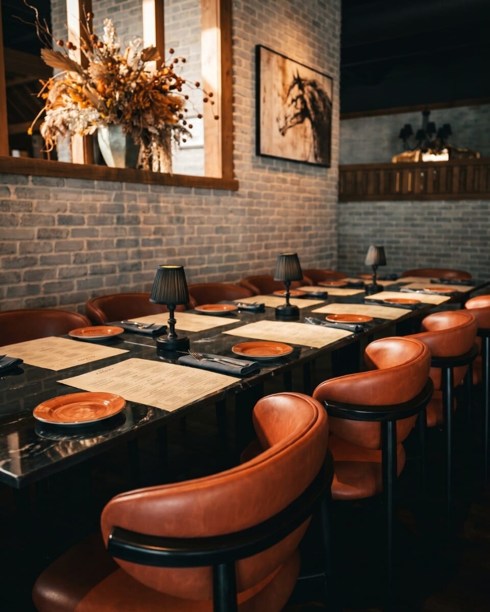 Black and white sintered stone restaurant table top at COVO Italian Steakhouse with plated pasta and glassware.