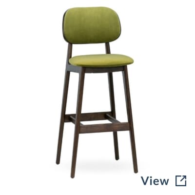 Fully upholstered Lola wood restaurant bar stool in walnut with New Soho Mushroom upholstery.