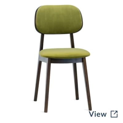 Lola fully upholstered wood restaurant chair with walnut finish frame and New Soho Mushroom upholstery.