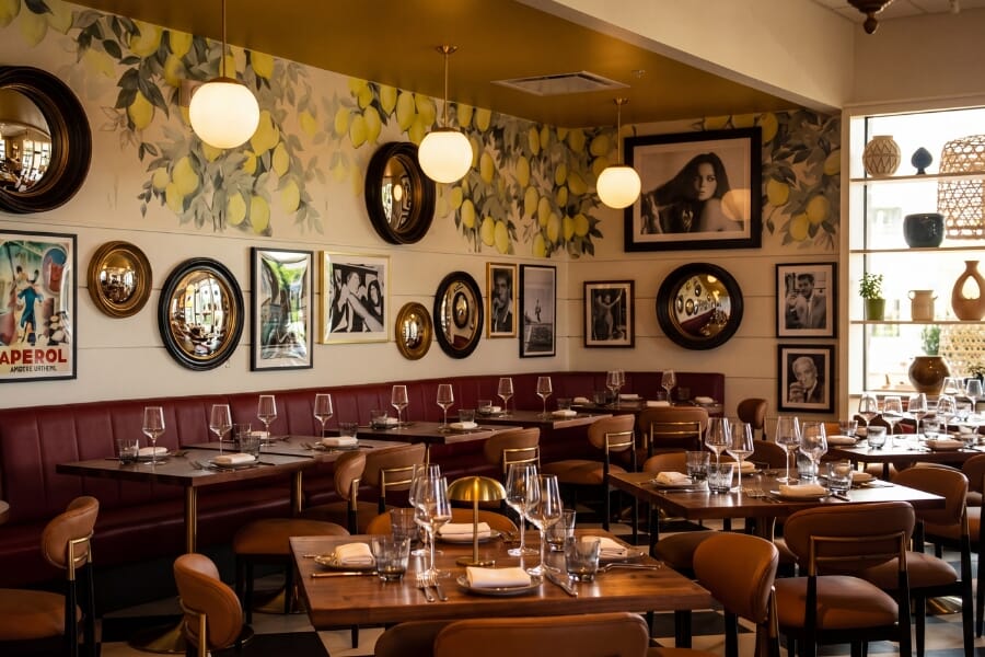 Fortuna Cucina Italiana in Wilmington North Carolina featuring walnut restaurant table tops, white stone table tops, warm lighting, red banquettes, Italian wall decor, and upscale dining atmosphere.
