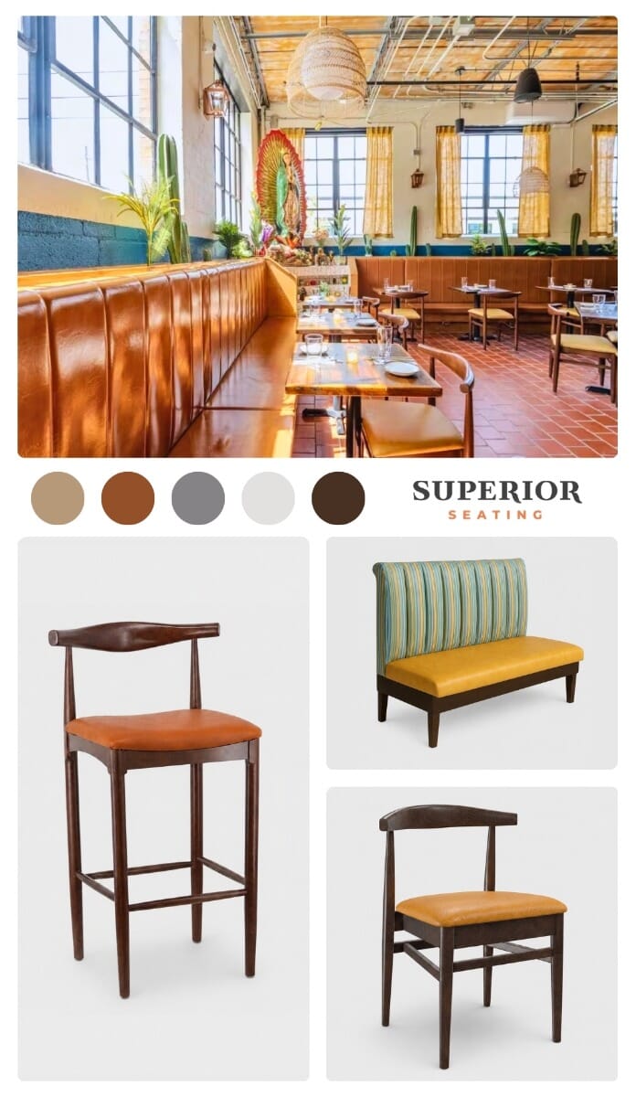De Nada Birmingham restaurant furniture moodboard featuring terracotta, antique walnut, Traveler Hay, rust, striped channel upholstery, cactus green, dusty blue, coral murals, and woven natural textures.