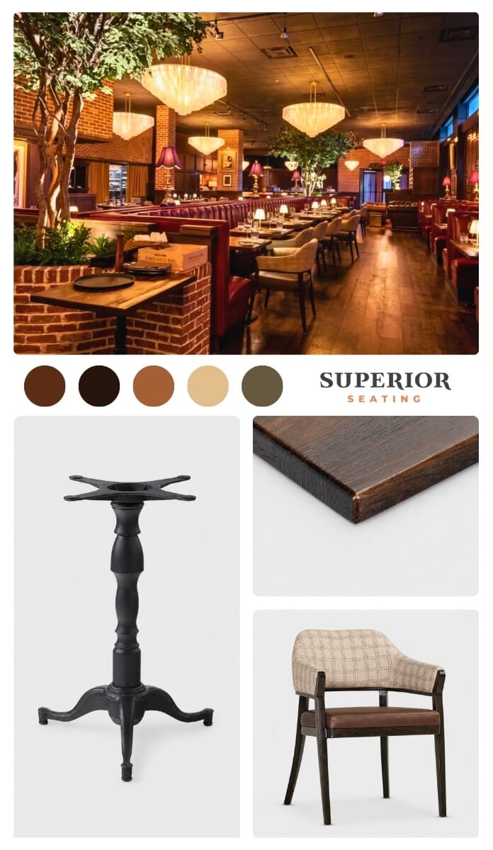 The Belmont steakhouse furniture moodboard featuring reclaimed walnut, chestnut upholstery, sandstone plaid, black cast iron, burgundy leather, brick, and warm crystal lighting.