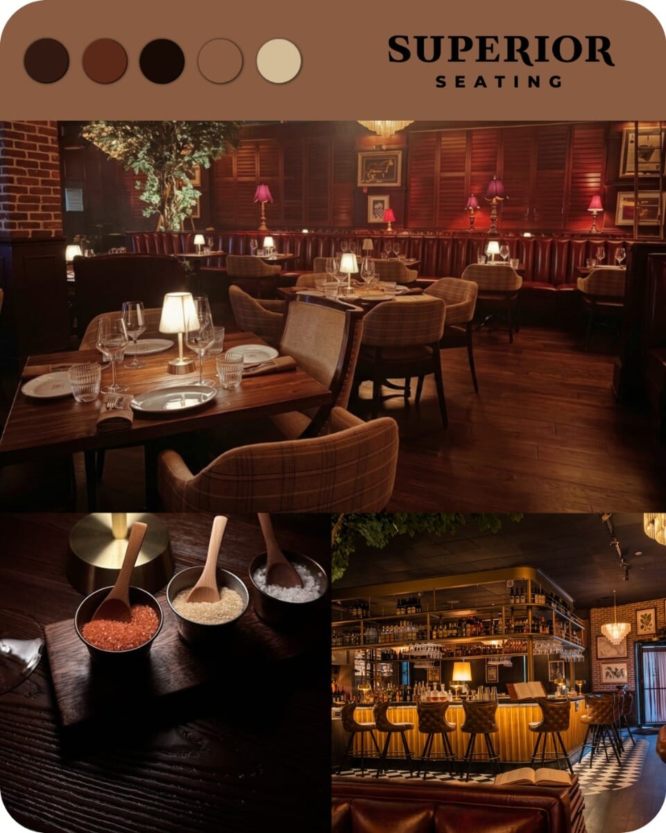 The Belmont steakhouse furniture moodboard featuring reclaimed walnut, chestnut upholstery, sandstone plaid, black cast iron, burgundy leather, brick, and warm crystal lighting.