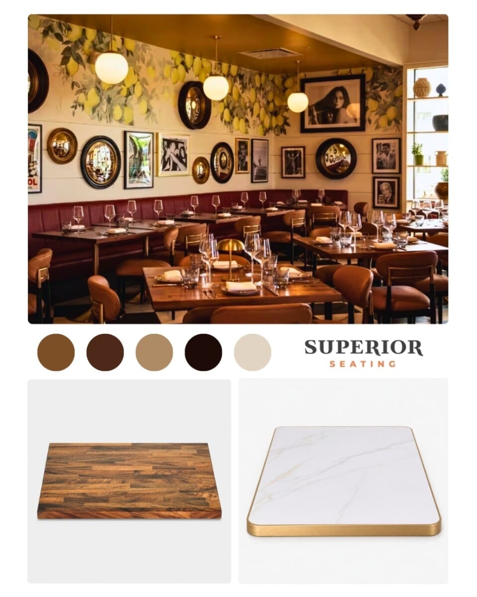 Moodboard for Fortuna Cucina Italiana featuring South American walnut restaurant table tops, white sintered stone table tops with gold aluminum band, Italian food presentation, brass lighting, red banquettes, cognac seating, and warm upscale restaurant atmosphere.