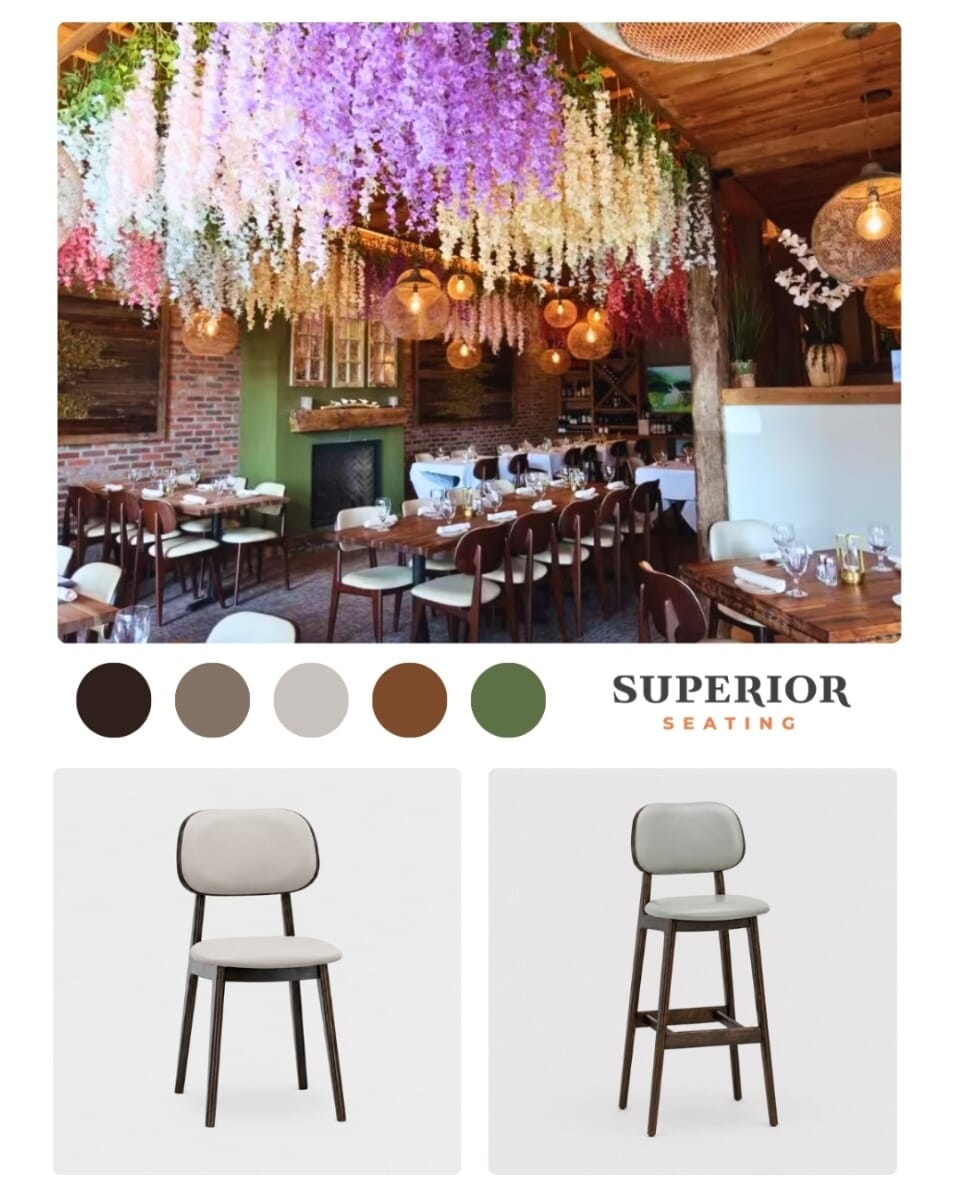 Moodboard for Bora Restaurant featuring walnut wood finishes, New Soho Mushroom upholstery, floral tones, brick textures, pendant lighting, and Lola restaurant seating inspiration.