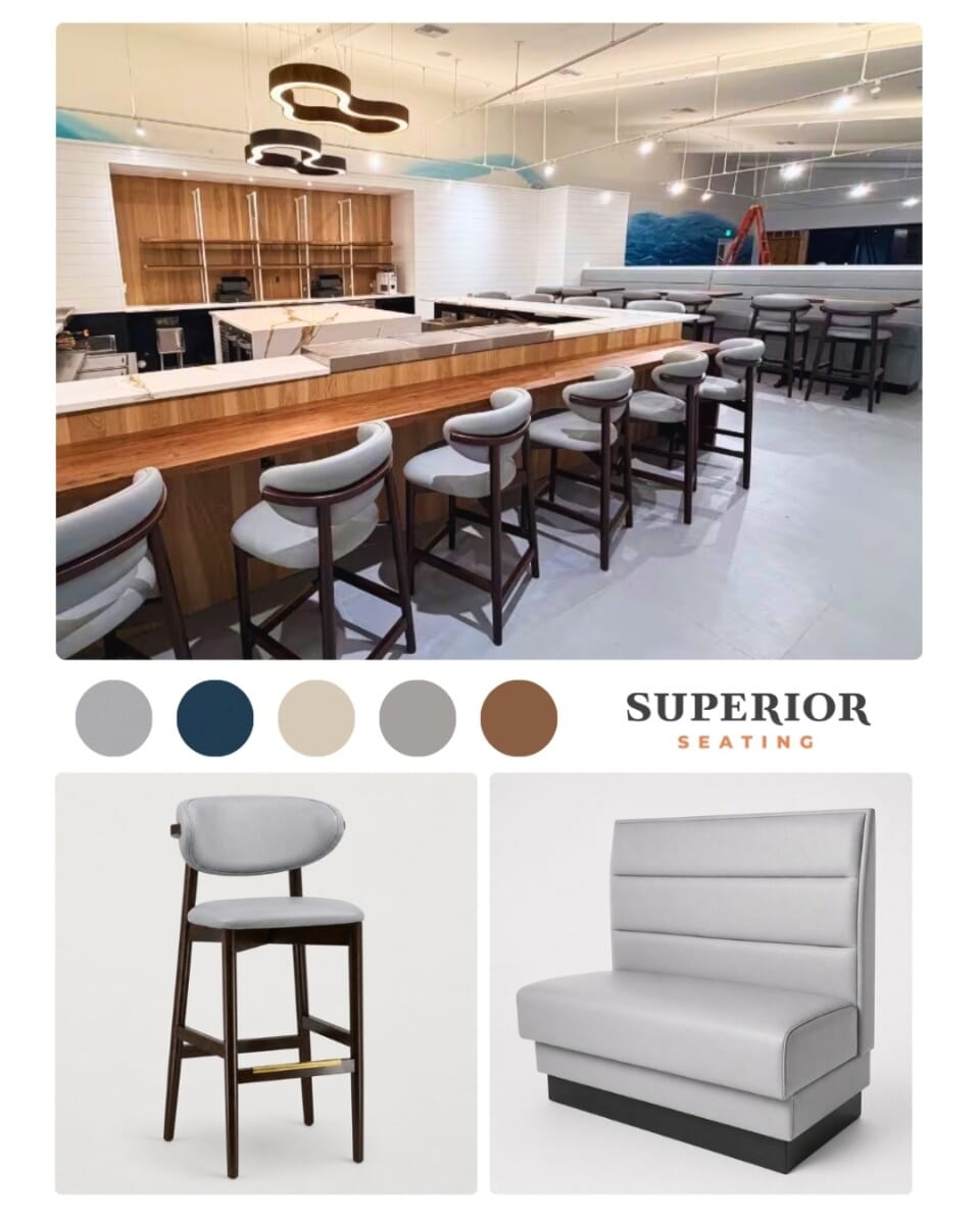 Latitude 26 furniture moodboard featuring blue booth upholstery, walnut wood, fog gray seating, brass accents, wave mural, and Charlotte Harbor views.