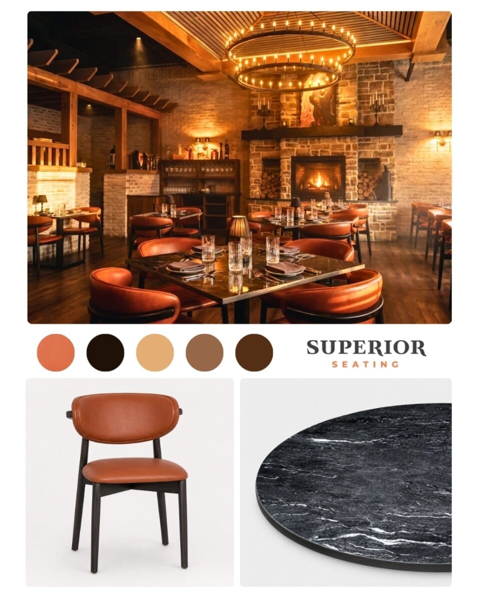 Black and white sintered stone restaurant table top at COVO Italian Steakhouse with plated pasta and glassware.