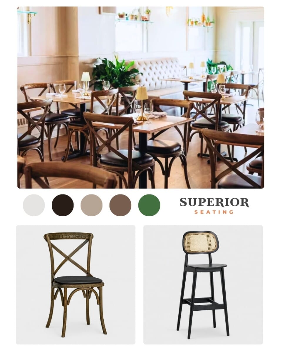 Mood board for La Plage Bistro featuring antique grey cross-back chairs, black cane bar stools, and a warm French bistro palette.