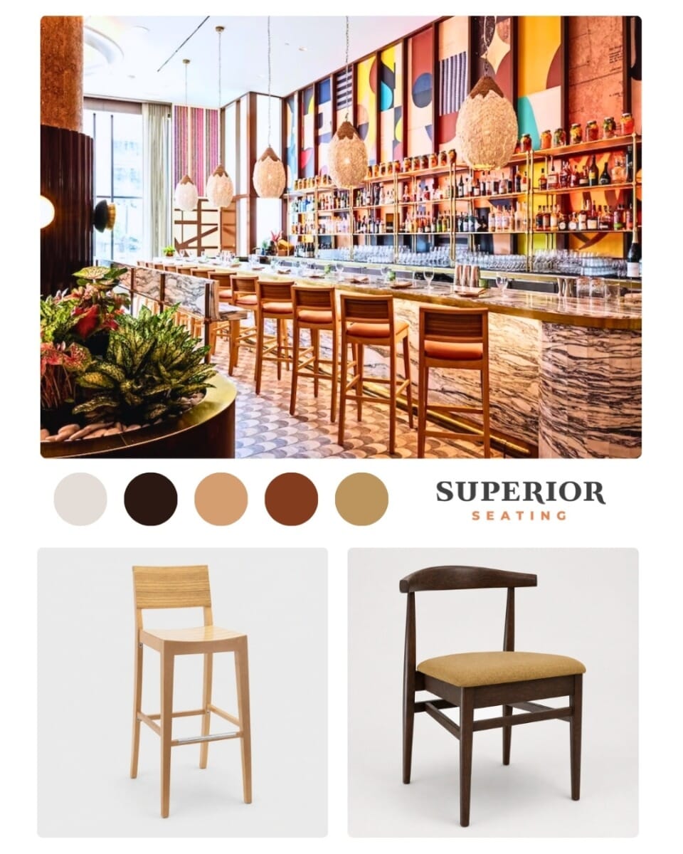 Mood board featuring Canyon Pumpkin upholstery, brass accents, natural wood tones, and walnut dining finishes for MARCUS DC.