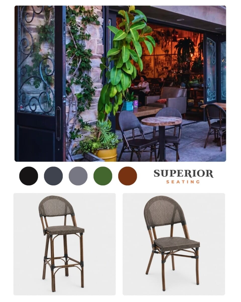 Mood board for La Plage Bistro featuring antique grey cross-back chairs, black cane bar stools, and a warm French bistro palette.