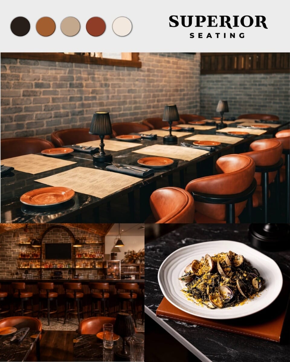 Black and white sintered stone restaurant table top at COVO Italian Steakhouse with plated pasta and glassware.