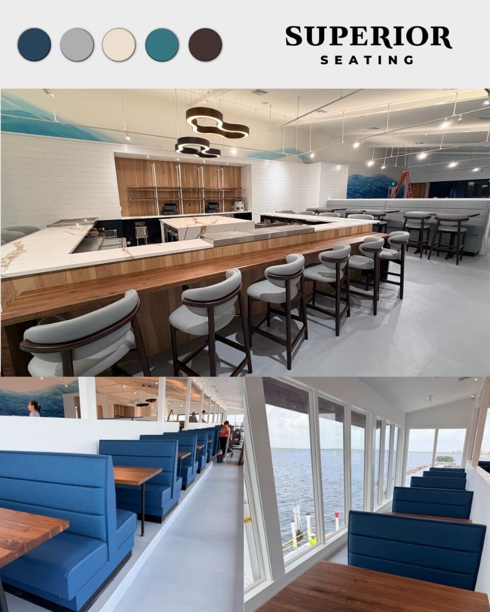 Latitude 26 furniture moodboard featuring blue booth upholstery, walnut wood, fog gray seating, brass accents, wave mural, and Charlotte Harbor views.
