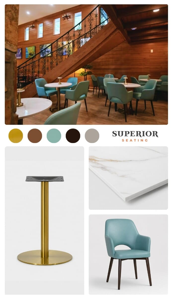 Lake Santeetlah Lodge furniture moodboard featuring walnut, Persimmon upholstery, Reef seating, white stone, gold, brass, and mountain lodge textures.