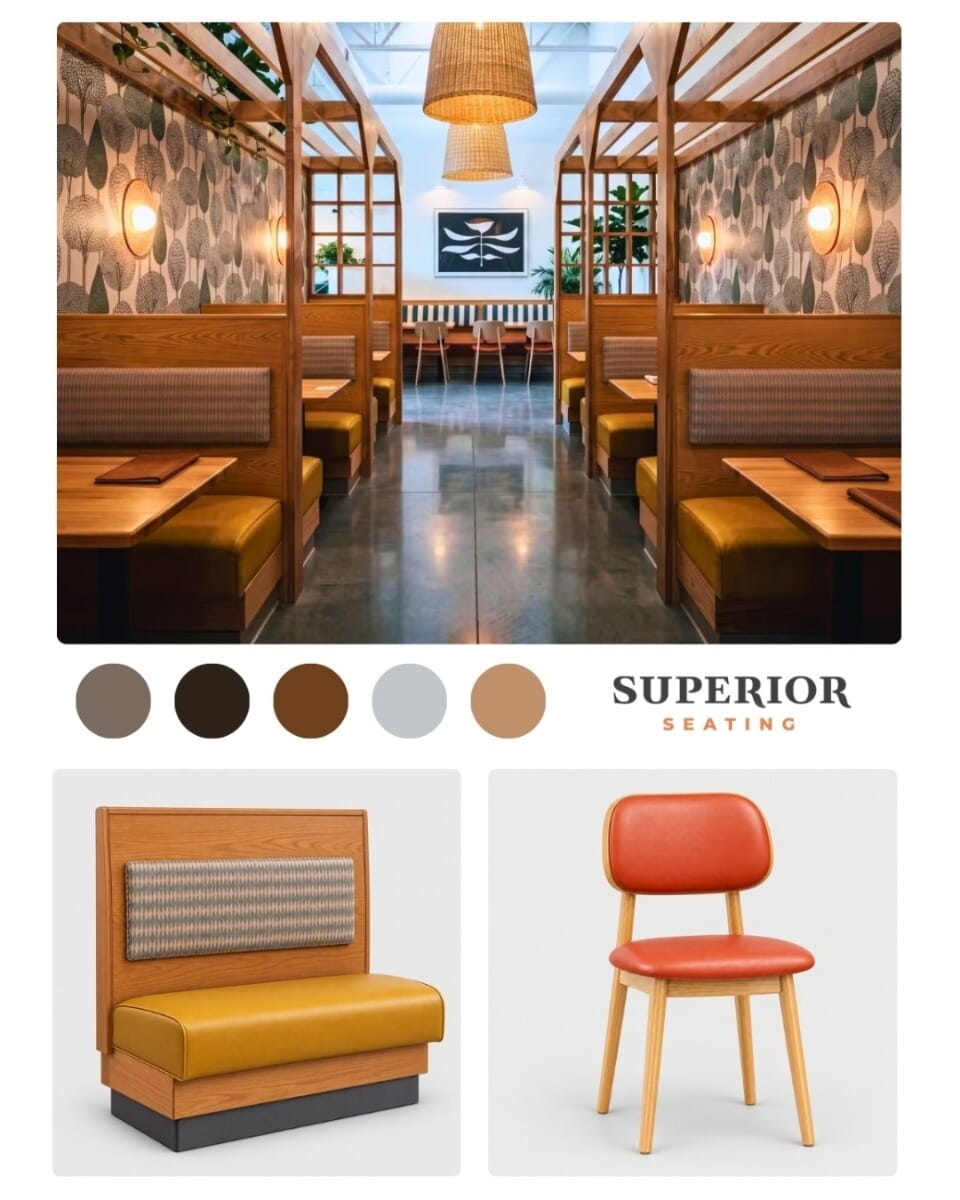 OddBird Cafe moodboard with natural wood, rust Lola chairs, mustard booth seats, patterned back pads, botanical wallpaper, and woven lighting.