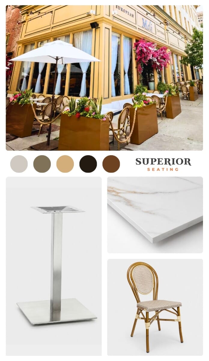 Mood board for Meli European Taverna patio featuring white-and-gold stone surfaces, brushed stainless steel, beige cushions, and bamboo-look outdoor seating.
