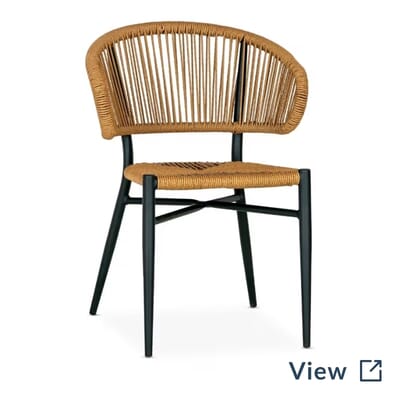 Palmera stackable outdoor restaurant rope chair with tan woven seat and back selected for De Nada outdoor dining.