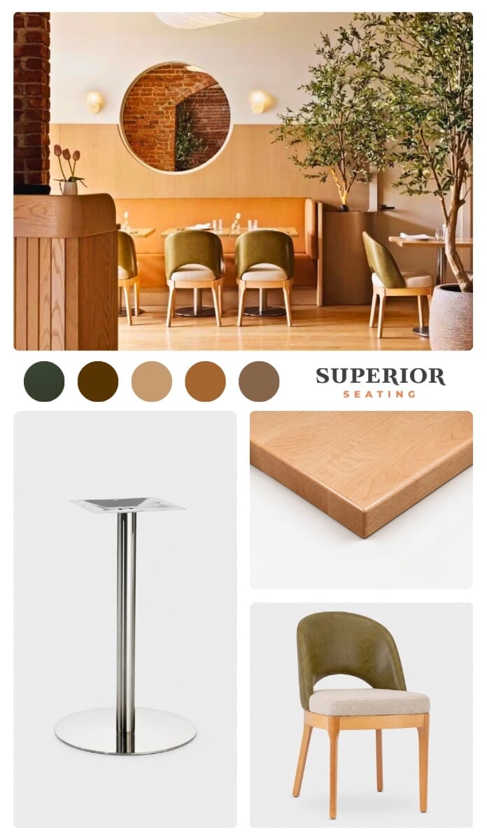 Moodboard for Clementina featuring solid maple wood plank restaurant table tops, brushed stainless steel round table bases, Lily natural wood restaurant chairs, exposed brick arches, olive trees, cognac banquettes, olive green seating, and modern Italian restaurant inspiration.
