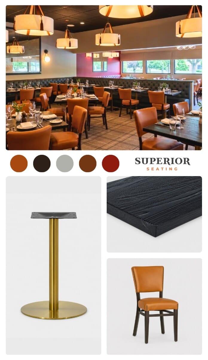 Moodboard for the former New Hope Diner renovation featuring antique black reclaimed ash, walnut wood, saffron upholstery, claret booth vinyl, brass nailhead trim, and gold table bases.
