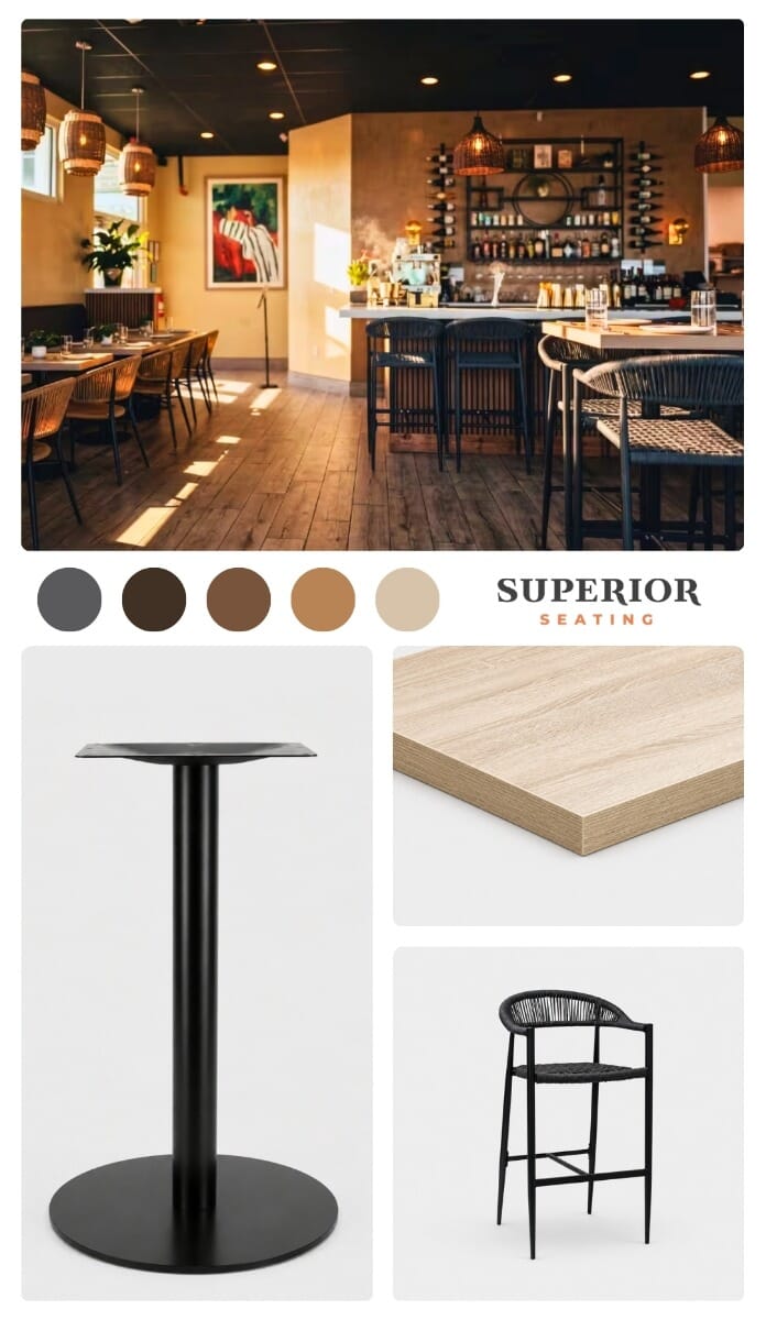 Moodboard for The Whistling Duck featuring tan rope restaurant seating, oak melamine table tops, black powder coated table bases, gray bar stools, black upholstered booths, and coastal wine bar inspiration.