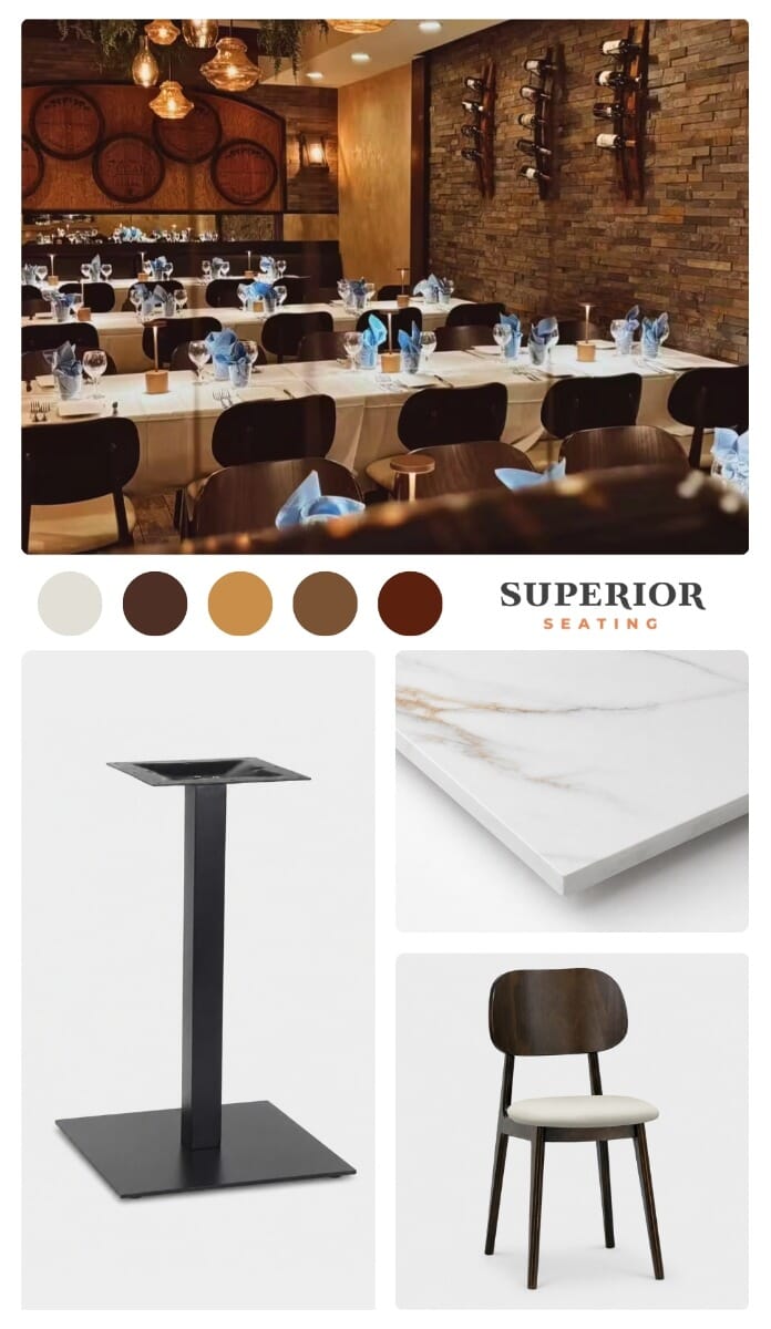Mood board for Villaggio Iccara showing white and gold stone, pewter rustic finishes, walnut chairs, and gold table bases.