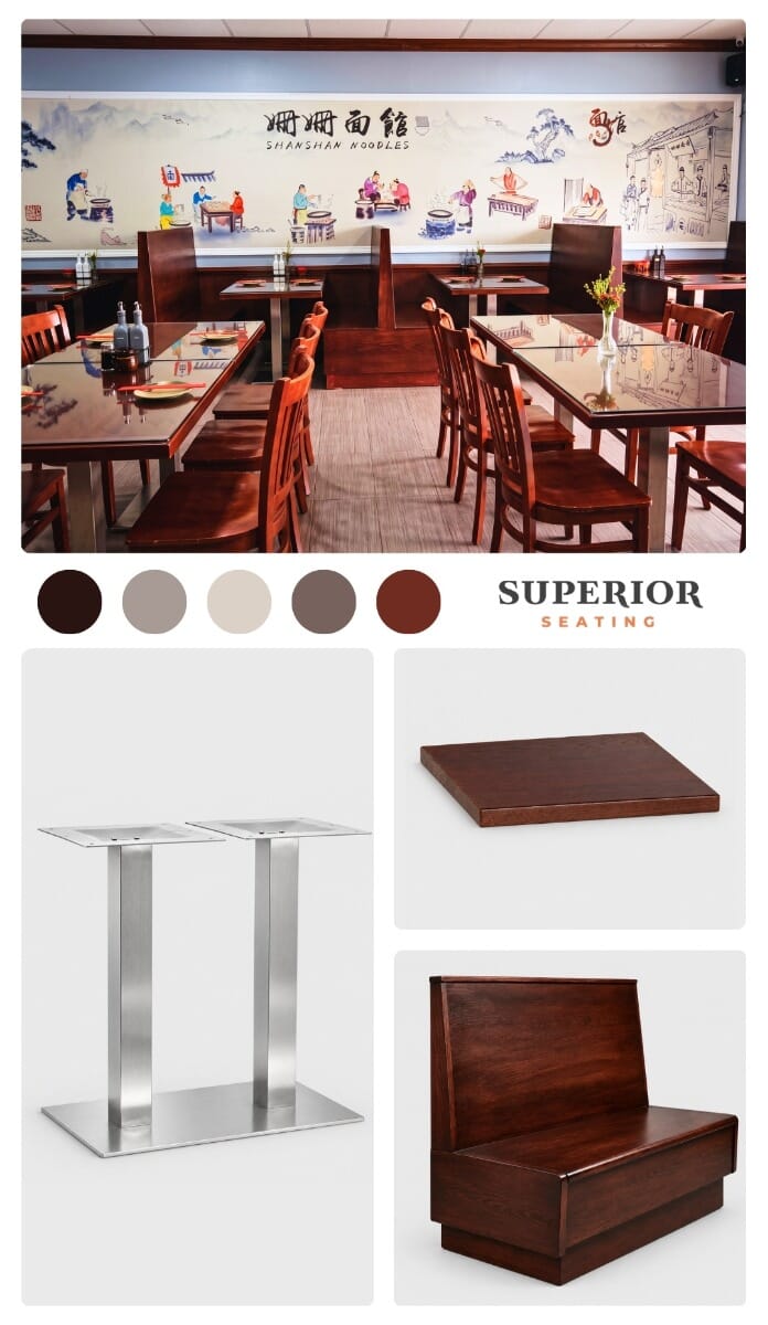 Shan Shan Noodles restaurant furniture moodboard featuring mahogany solid wood booths, oak table tops, brushed stainless steel bases, warm neutrals, Chinese artwork, and hand-pulled noodle inspiration.