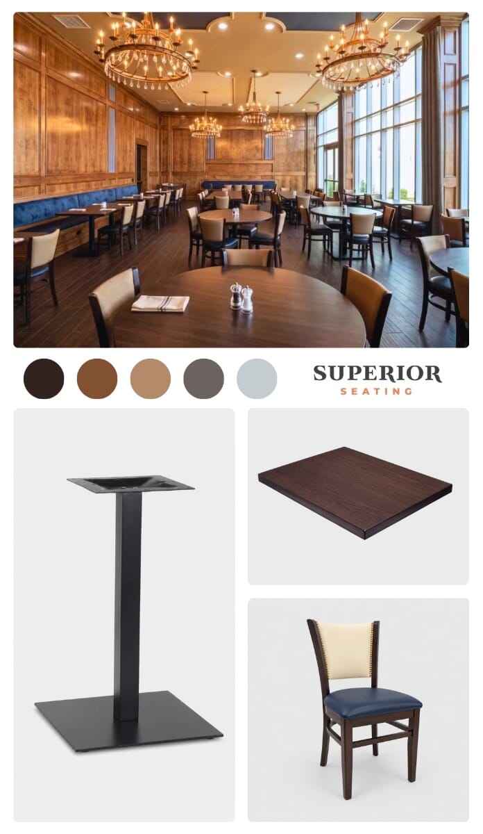St. Joseph by-the-Sea High School dining hall moodboard featuring Admiral Blue upholstery, Buff fabric, walnut oak wood grain, brass nailhead trim, black metal table bases, and modern educational dining design.