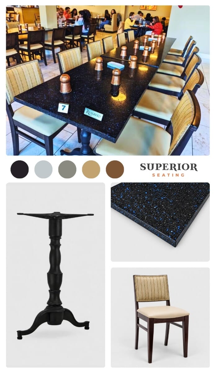 Taste of India Destin furniture moodboard featuring midnight blue quartz, saffron upholstery, walnut wood, muted taupe fabric, quilted booth texture, brass and chrome details, Indian spices, and colorful cuisine.