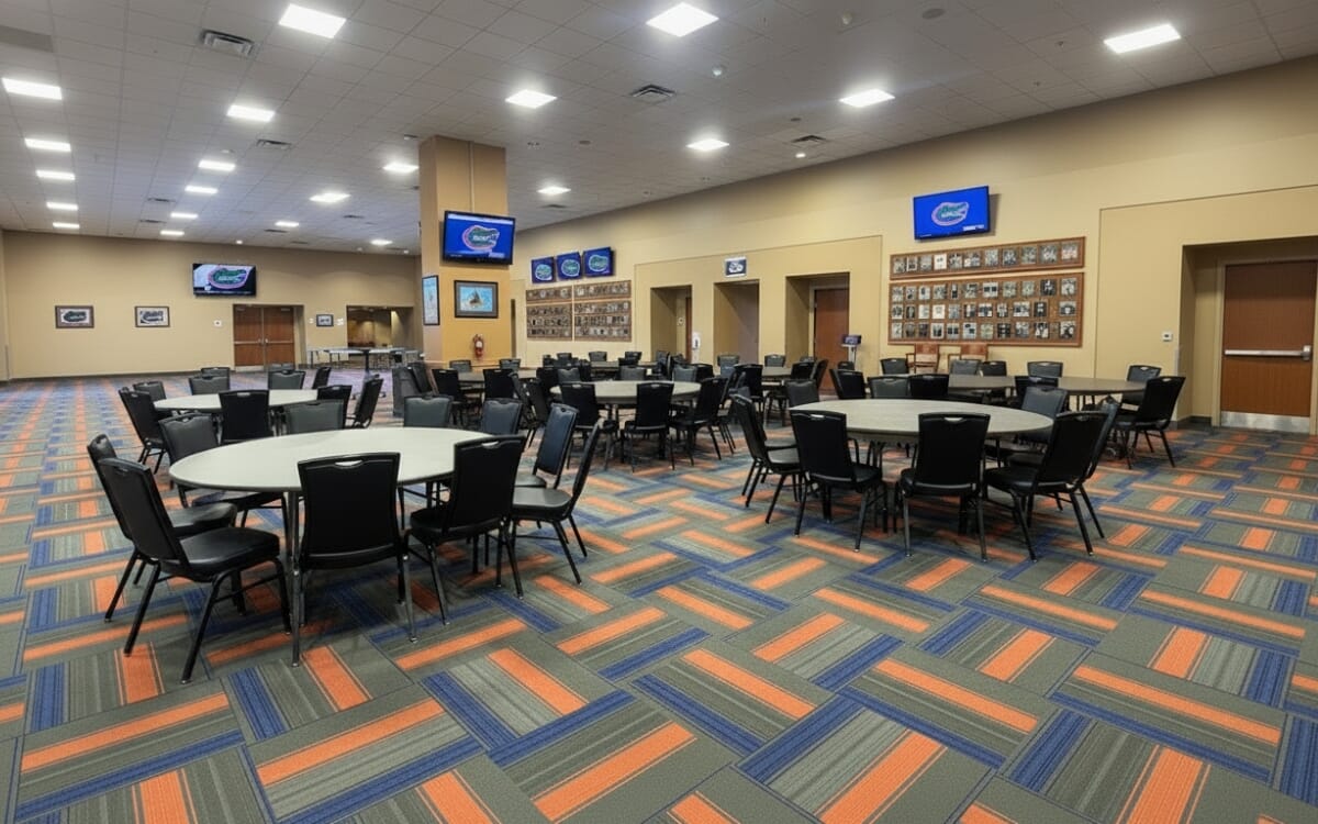 University of Florida banquet and hospitality venue furnished with black stackable banquet chairs