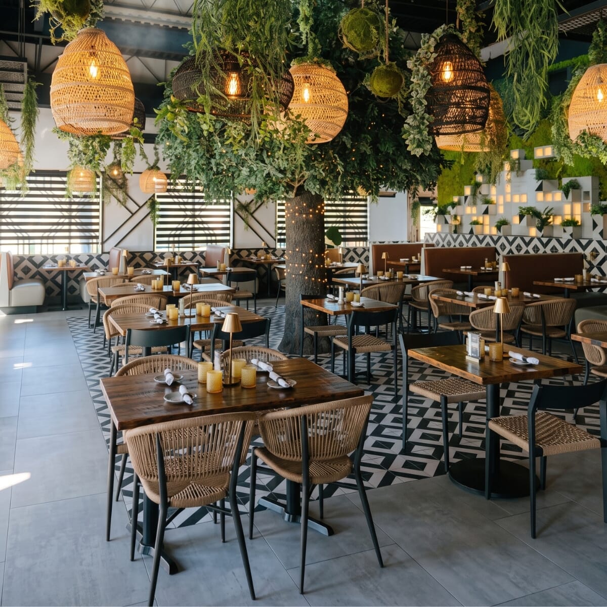 Rounded Palmera rope chairs and dark-backed rope-seat chairs around wood tables under greenery at Vida.