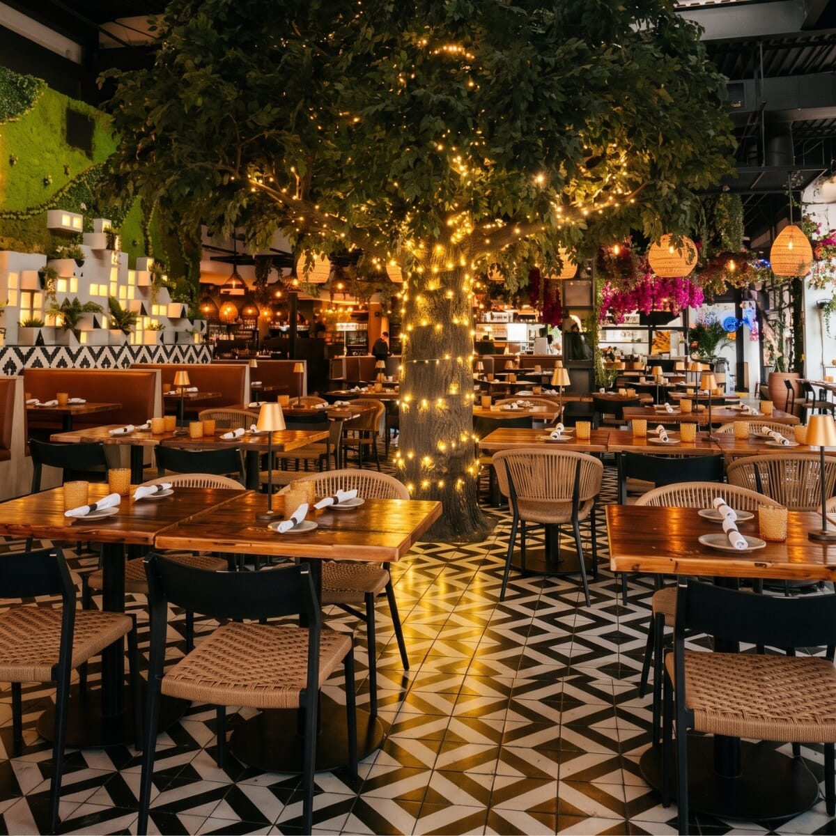Illuminated tree centerpiece at Vida surrounded by rope chairs, wood dining tables, and geometric black-and-white flooring.