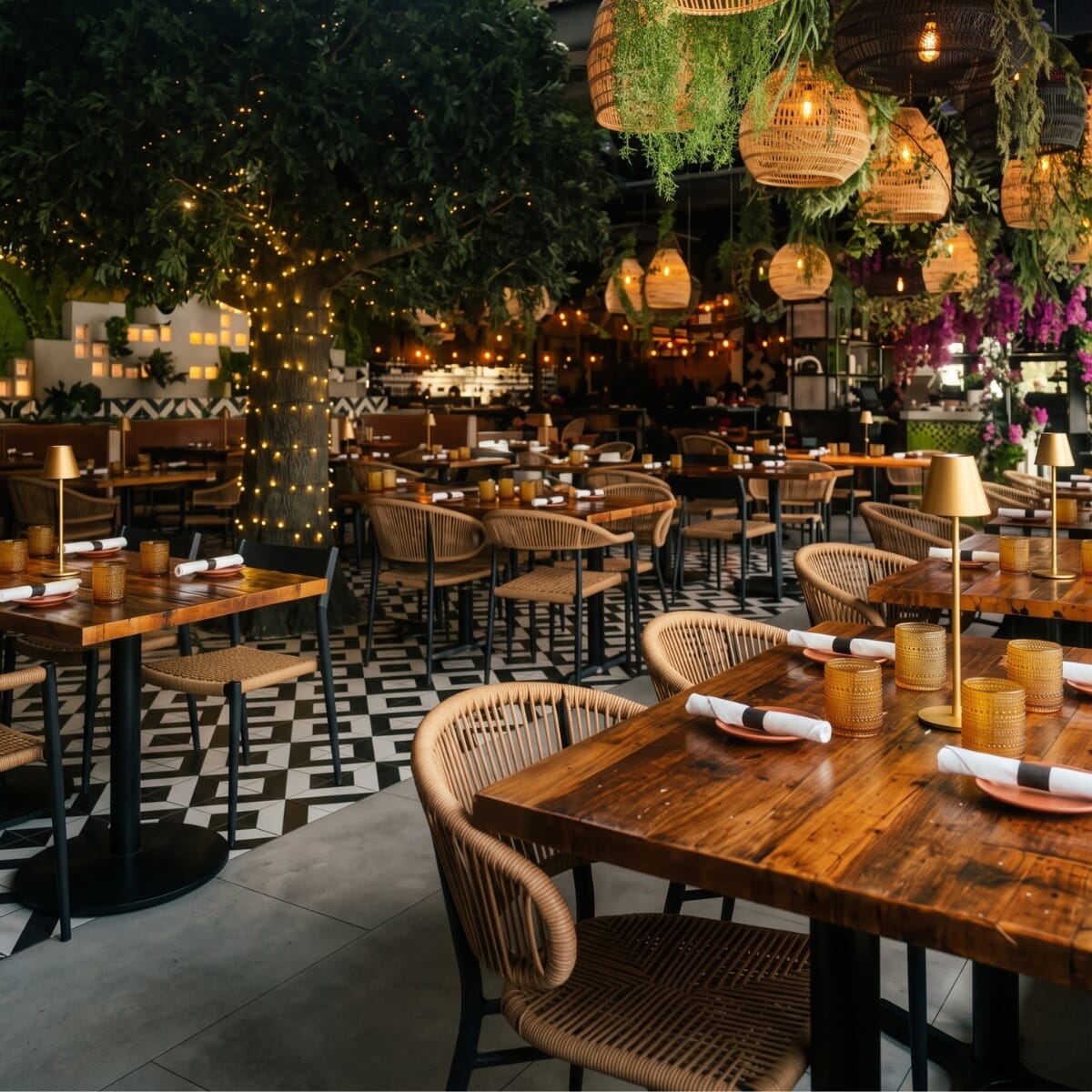 Palmera tan rope chairs beside wood tables at Vida, beneath woven pendant lights and cascading greenery.