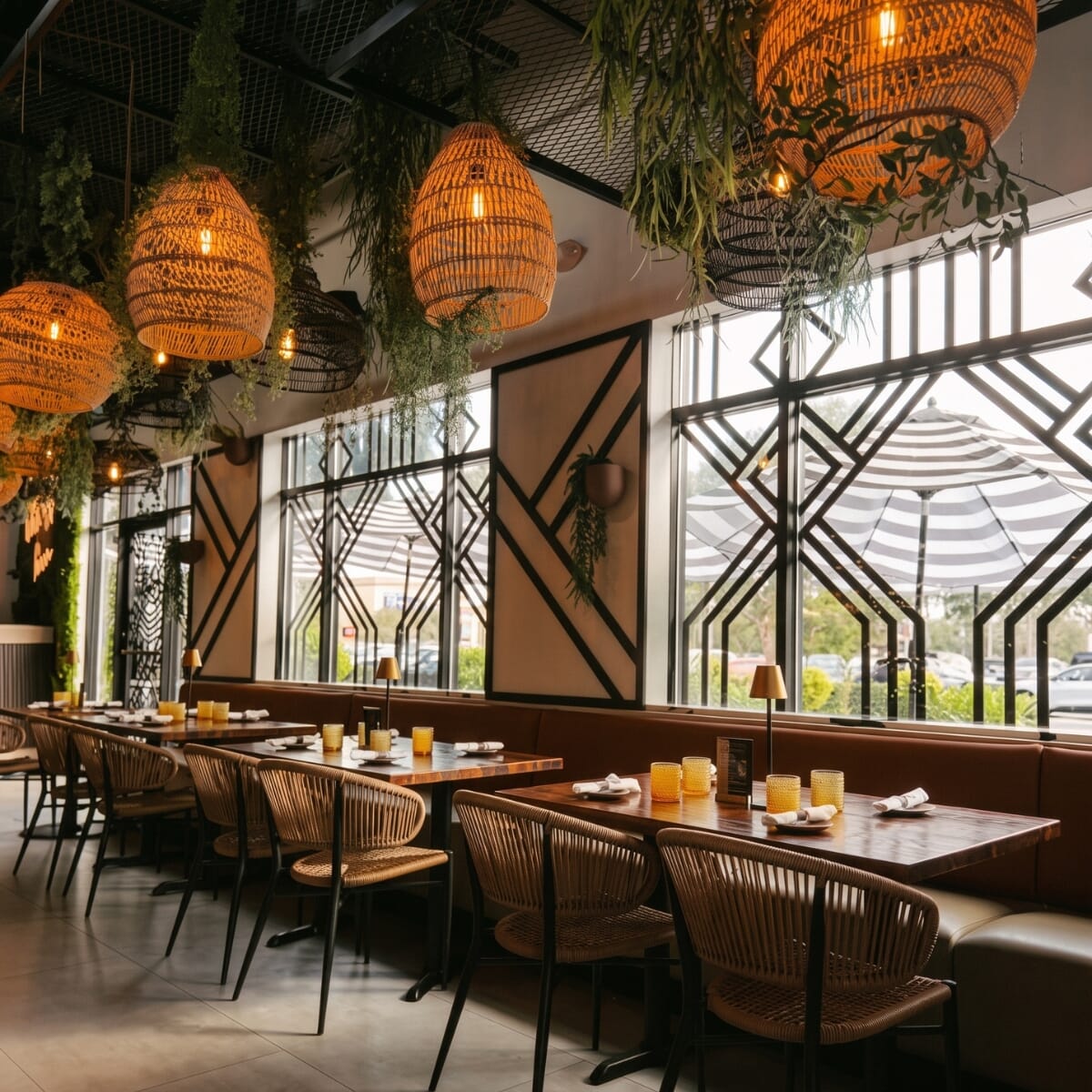 Palmera rope dining chairs facing upholstered banquettes beside geometric windows and woven lighting at Vida.