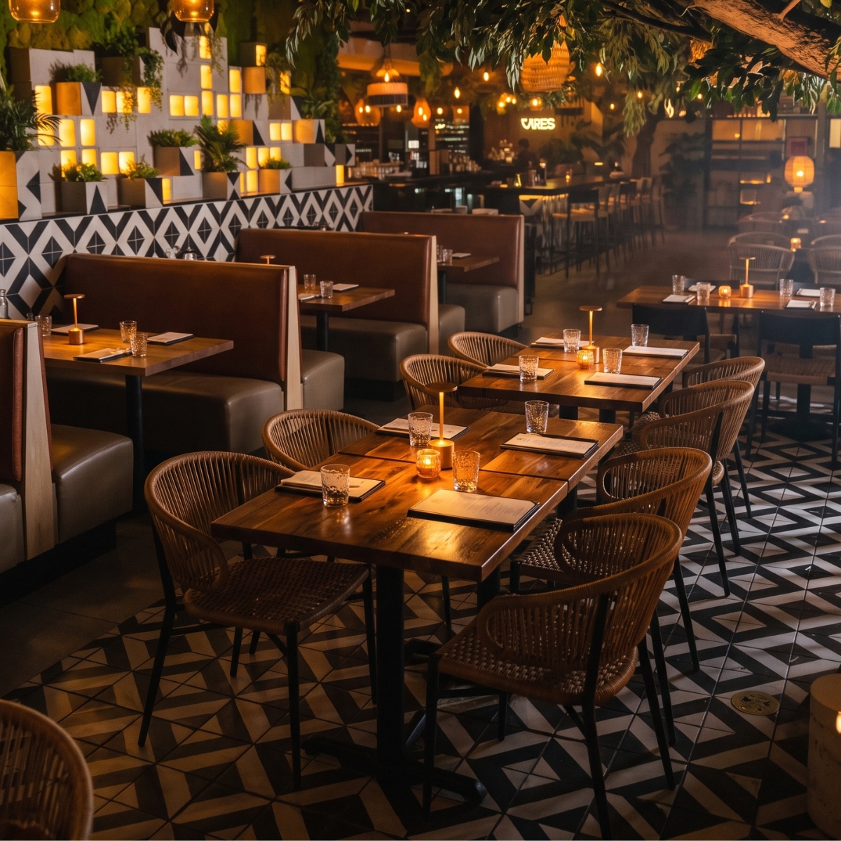 Vida evening dining area with tan rope chairs, brown booths, warm table lamps, and patterned tile flooring.