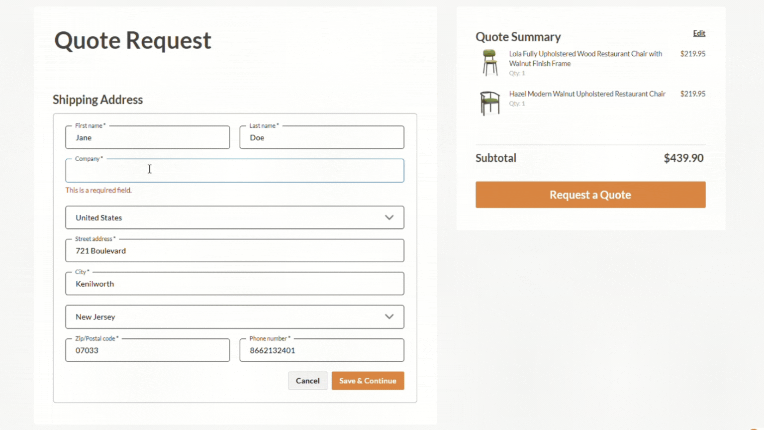 Enter a commercial shipping address